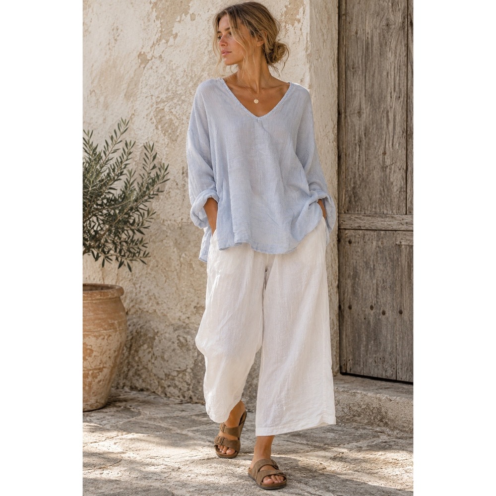 CP Shades Blue White Stripe Linen V-Neck Tunic Blouse Made in USA- Small
